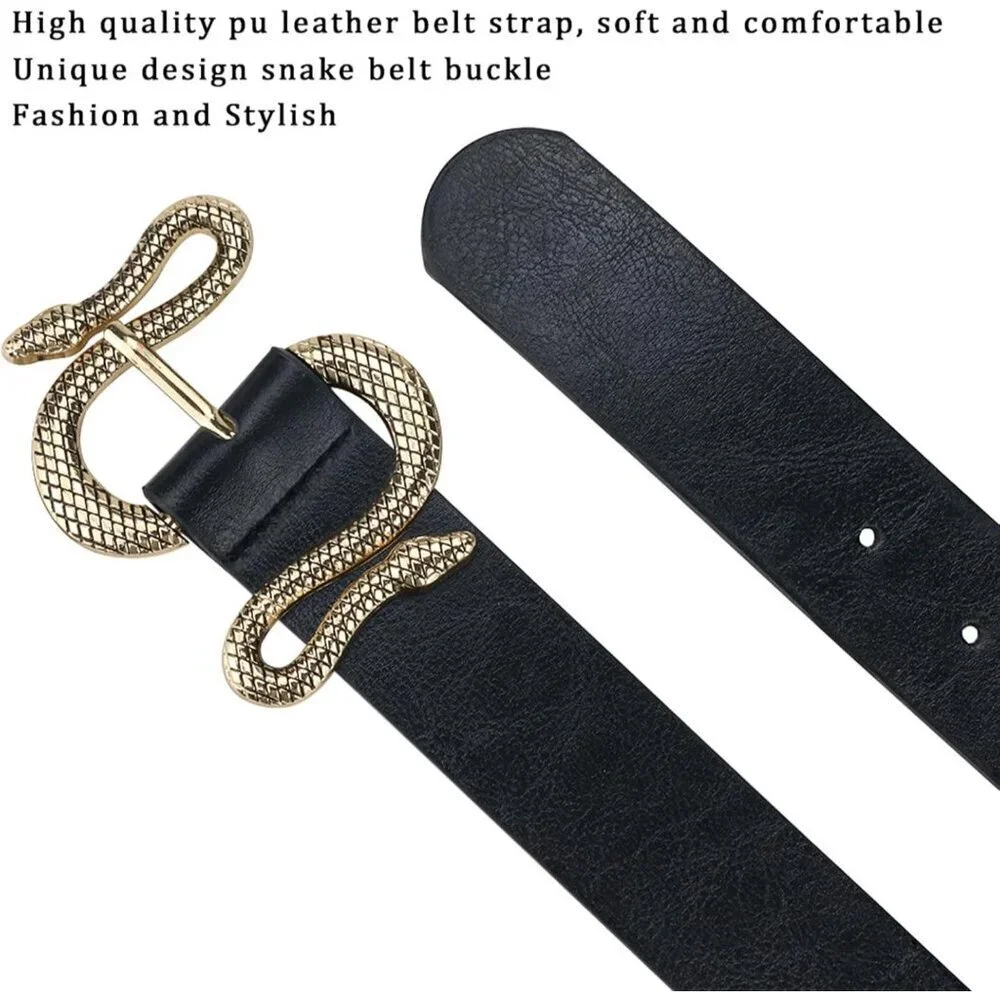 Women's Black Fashion Leather Belt For Dress With Snake Shape Buckle